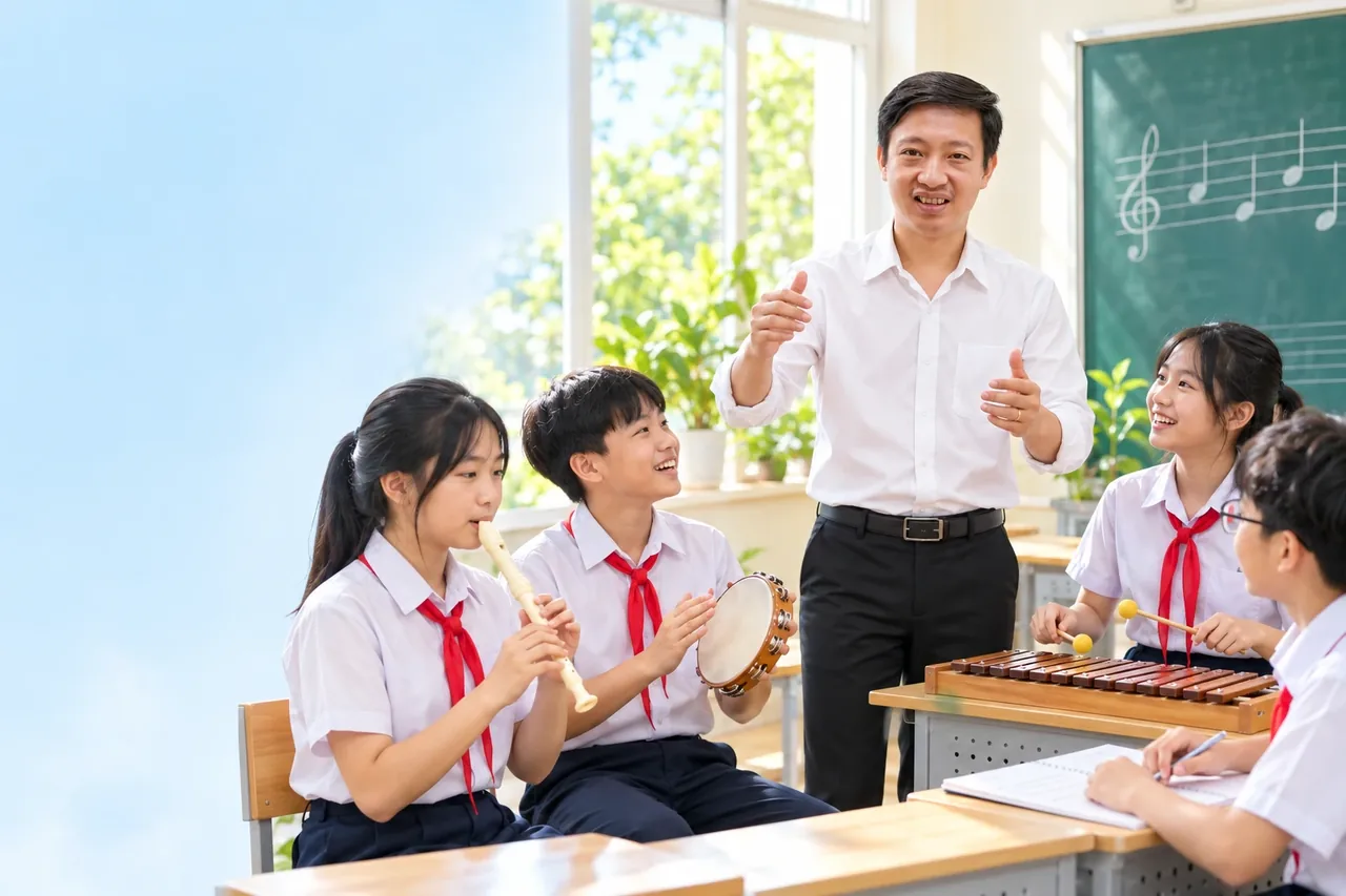 Thầy giáo mặc áo trắng, quần đen cùng học sinh thực hành âm nhạc trong lớp học tươi sáng